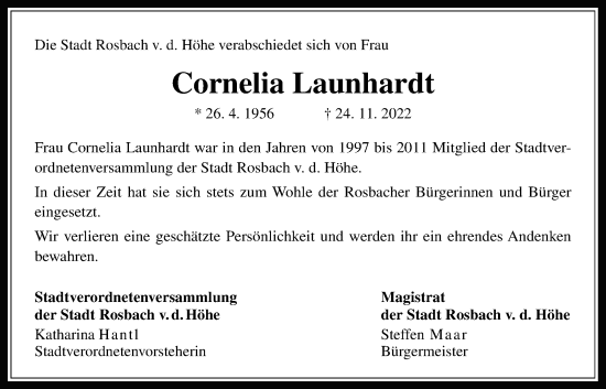 Traueranzeige von Cornelia Launhardt von Wetterauer Zeitung