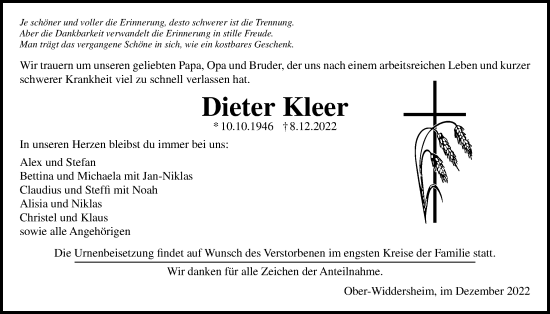Traueranzeige von Dieter Kleer von Kreis-Anzeiger