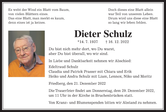 Traueranzeige von Dieter Schulz von Wetterauer Zeitung