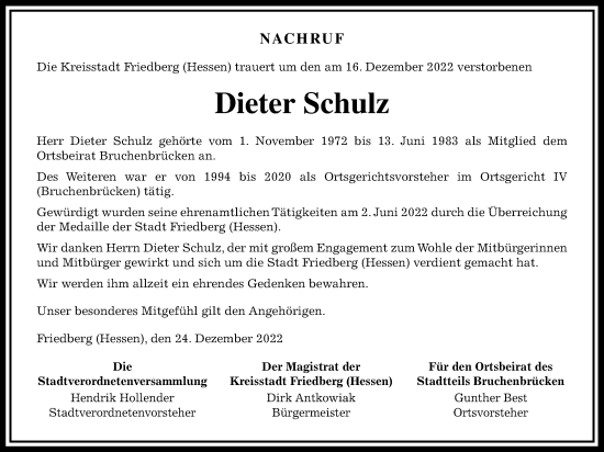 Traueranzeige von Dieter Schulz von Wetterauer Zeitung