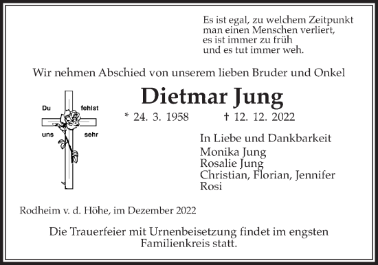 Traueranzeige von Dietmar Jung von Wetterauer Zeitung