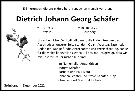 Traueranzeige von Dietrich Johann Georg Schäfer von Giessener Allgemeine, Alsfelder Allgemeine