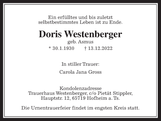 Traueranzeige von Doris Westenberger 