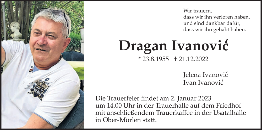  Traueranzeige für Dragan Ivanovic vom 27.12.2022 aus Wetterauer Zeitung