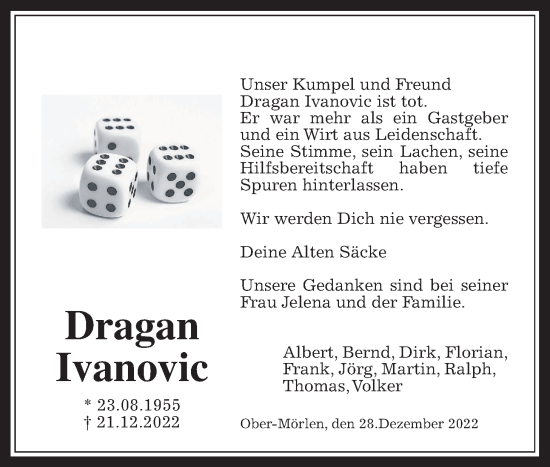 Traueranzeige von Dragan Ivanovic von Wetterauer Zeitung