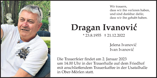 Traueranzeige von Dragan Ivanovic von Wetterauer Zeitung