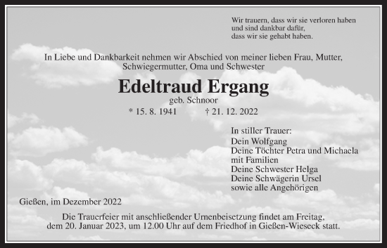 Traueranzeige von Edeltraud Ergang von Giessener Allgemeine, Alsfelder Allgemeine, Giessener Anzeiger