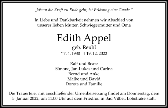 Traueranzeige von Edith Appel von Bad Vilbel/Karben