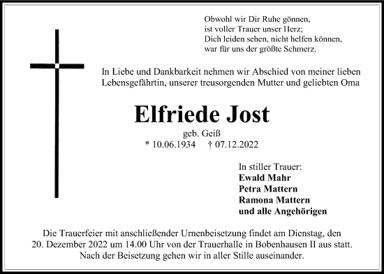 Traueranzeige von Elfriede Jost von Alsfelder Allgemeine