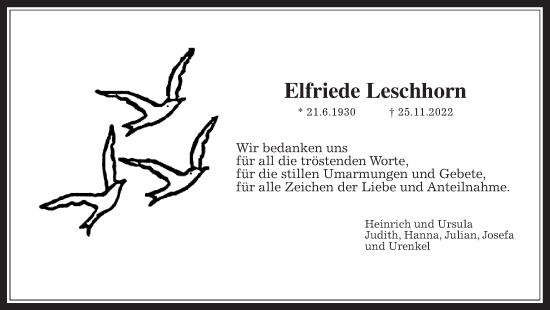 Traueranzeige von Elfriede Leschhorn von Wetterauer Zeitung