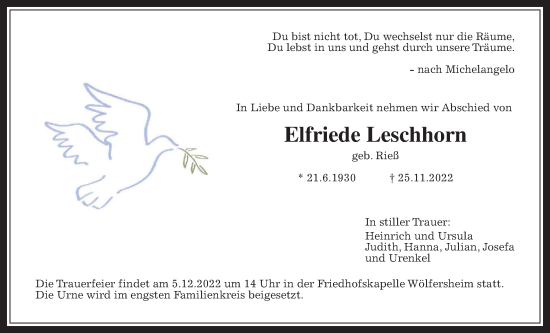 Traueranzeige von Elfriede Leschhorn von Wetterauer Zeitung, 
