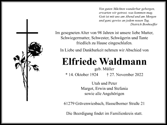 Traueranzeige von Elfriede Waldmann von Usinger Anzeiger