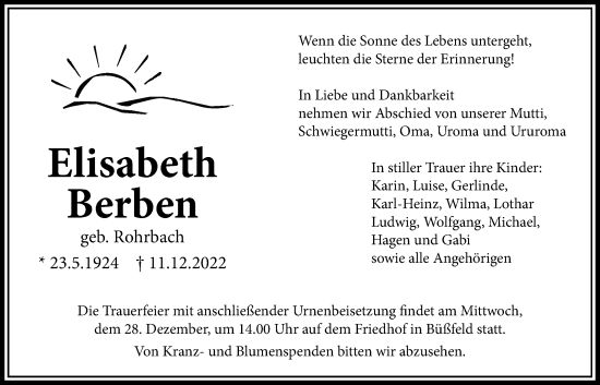 Traueranzeige von Elisabeth Berben von Alsfelder Allgemeine