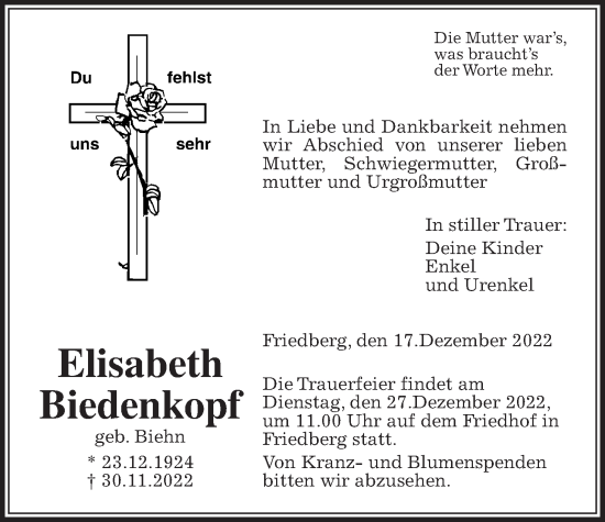 Traueranzeige von Elisabeth Biedenkopf von Wetterauer Zeitung