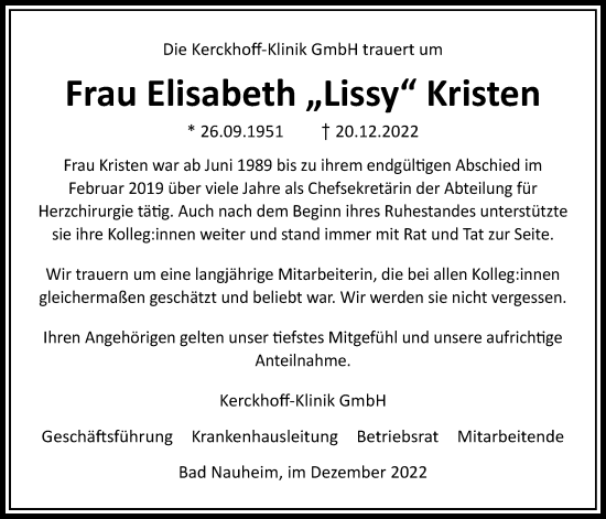 Traueranzeige von Elisabeth Kristen von Wetterauer Zeitung