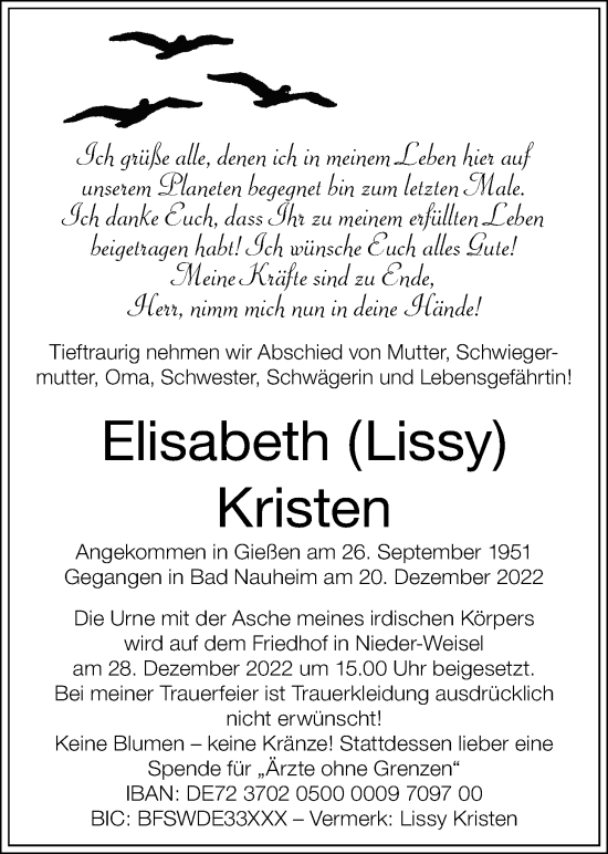 Traueranzeige von Elisabeth Kristen von Wetterauer Zeitung