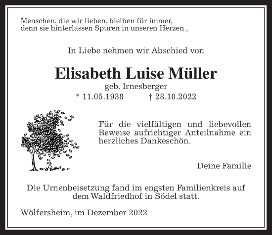 Traueranzeige von Elisabeth Luise Müller von Wetterauer Zeitung
