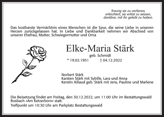 Traueranzeige von Elke-Maria Stärk von Usinger Anzeiger