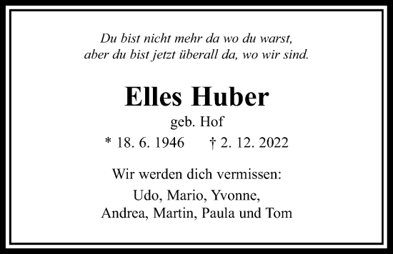 Traueranzeige von Elles Huber von Giessener Anzeiger