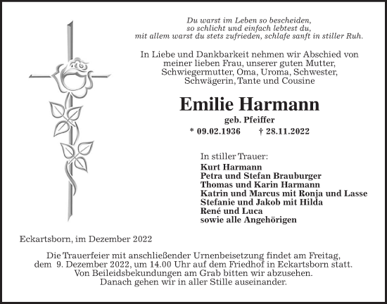 Traueranzeige von Emilie Harmann von Kreis-Anzeiger