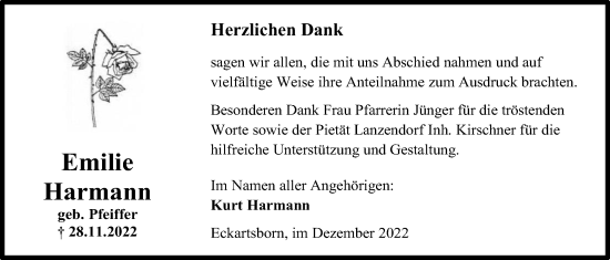 Traueranzeige von Emilie Harmann von Kreis-Anzeiger
