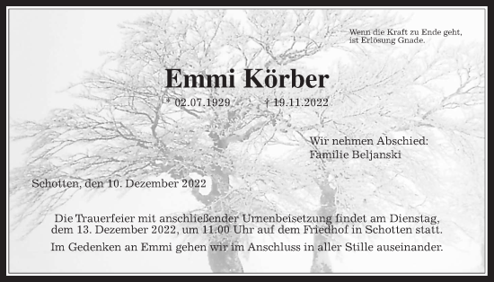 Traueranzeige von Emmi Körber von Kreis-Anzeiger