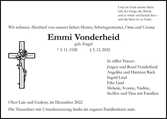 Traueranzeige von Emmi Vonderheid von Kreis-Anzeiger