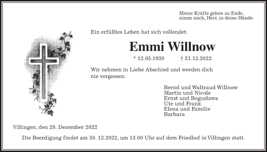 Traueranzeige von Emmi Willnow von Kreis-Anzeiger, Giessener Allgemeine, Alsfelder Allgemeine