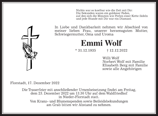 Traueranzeige von Emmi Wolf von Wetterauer Zeitung