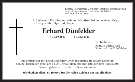 Traueranzeige von Erhard Dünfelder von Giessener Anzeiger