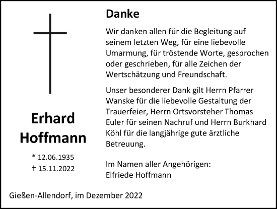 Traueranzeige von Erhard Hoffmann von Giessener Allgemeine, Alsfelder Allgemeine