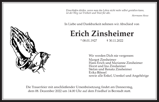 Traueranzeige von Erich Zinsheimer von Wetterauer Zeitung