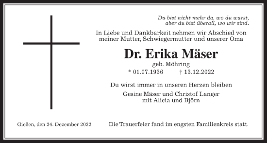 Traueranzeige von Erika Mäser von Giessener Allgemeine, Alsfelder Allgemeine, Giessener Anzeiger