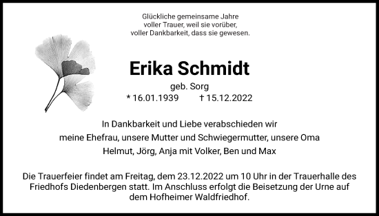 Traueranzeige von Erika Schmidt 