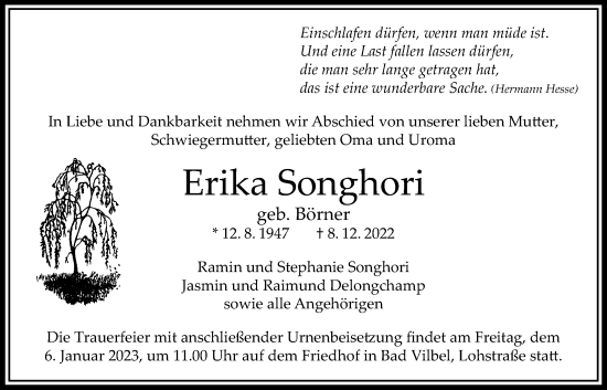 Traueranzeige von Erika Songhori von Bad Vilbel/Karben