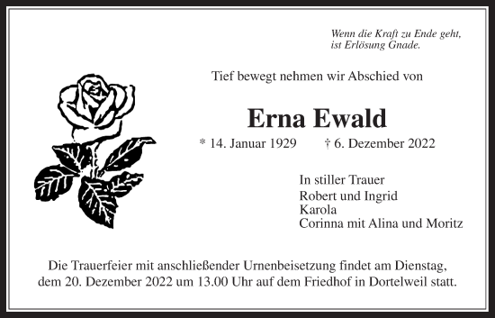 Traueranzeige von Erna Ewald von Bad Vilbel/Karben