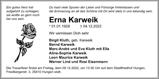 Traueranzeige von Erna Karweik von Licher Wochenblatt