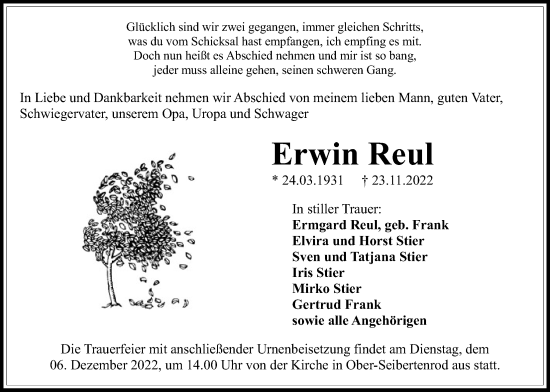 Traueranzeige von Erwin Reul von Alsfelder Allgemeine