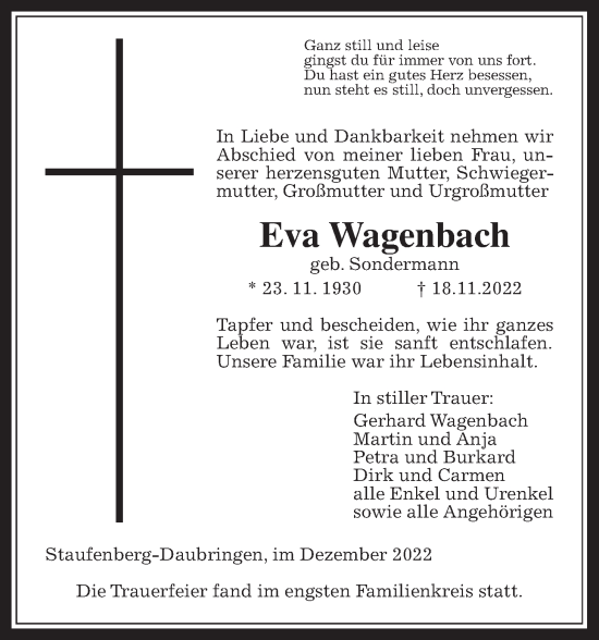 Traueranzeige von Eva Wagenbach von Giessener Allgemeine, Alsfelder Allgemeine