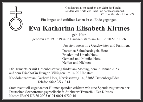 Traueranzeige von Eva Katharina Elisabeth Kirmes von Giessener Anzeiger