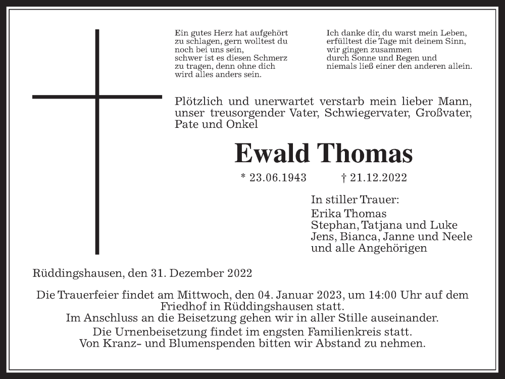  Traueranzeige für Ewald Thomas vom 31.12.2022 aus Giessener Allgemeine, Alsfelder Allgemeine