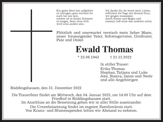 Traueranzeige von Ewald Thomas von Giessener Allgemeine, Alsfelder Allgemeine