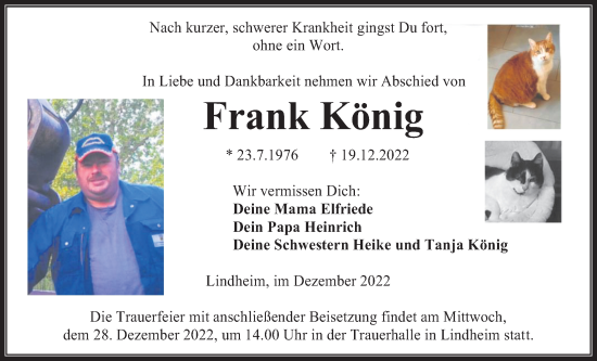 Traueranzeige von Frank König von Kreis-Anzeiger