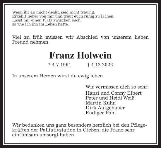 Traueranzeige von Franz Holwein von Giessener Allgemeine, Alsfelder Allgemeine