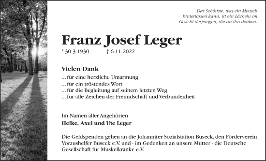Traueranzeige von Franz Josef Leger von Giessener Anzeiger, Giessener Allgemeine, Alsfelder Allgemeine