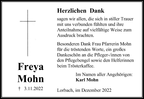 Traueranzeige von Freya Mohn von Kreis-Anzeiger