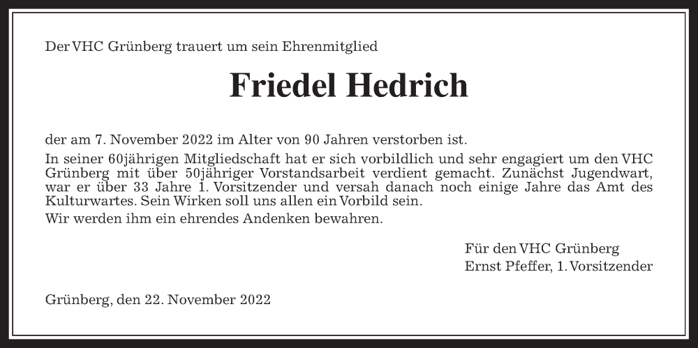  Traueranzeige für Friedel Hedrich vom 01.12.2022 aus Giessener Allgemeine, Alsfelder Allgemeine, Heimatzeitung Grünberg + Laubach