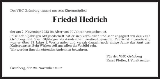 Traueranzeige von Friedel Hedrich von Giessener Allgemeine, Alsfelder Allgemeine, Heimatzeitung Grünberg + Laubach