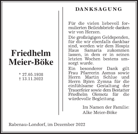 Traueranzeige von Friedhelm Meier-Böke von Rabenauer Zeitung, Giessener Allgemeine, Alsfelder Allgemeine, Rabenauer Zeitung
