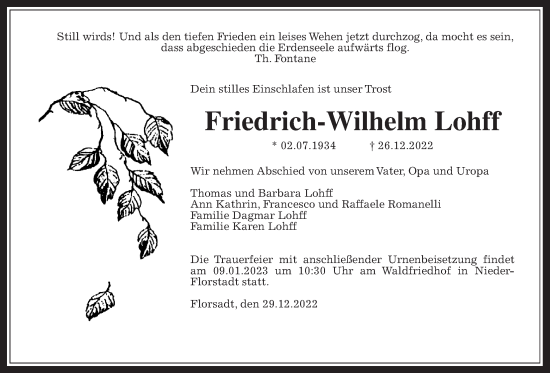 Traueranzeige von Friedrich-Wilhelm Lohff von Wetterauer Zeitung